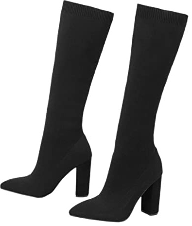 PAXAS Botas de calcetín de moda de rodilla alta para mujer con ajuste delgado, elástico, con puntera puntiaguda y tacón cuadrado, botas casuales de vestir, negras, 40