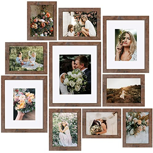 SESEAT Picture Frames Collage, Gallery Wall Frame Set with 11x14 8x10 5x7 4x6 Frames in Brown Finishes, Set of 10