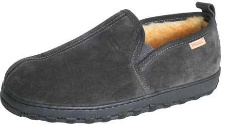 PEDOQU Men's slipper genuine leather upper shearling lined sheepskin Insole memory foam slip on warm house shoes rubber outsole Indoor & outdoor loafer slippers for men，D width