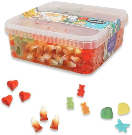 Deine Naschbox | Zuckerfreier Fruchtgummi 4 Sorten Mix | 1kg Naschbox | XL Großpackung für Party, Candybar & als Geschenk - Cola - Frucht - Saftig