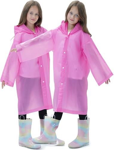 Borogo 2 Pack Raincoats for Kids, Reusable Rain Ponchos with Hood and Sleeves Rain Coats for Boys and Girls Pink