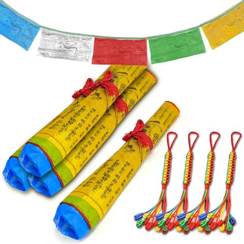 XSHAO® 4 Stück Tibetische Gebetsfahnen, Gebetsfahnen Tibet Outdoor mit 4 Glückverheißender Knoten für Meditationsräume/Außendekoration und buddhistische Gebete, 5m lang 20 fahnen