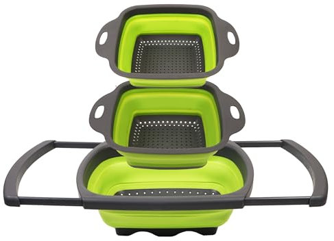 Ensemble de 3 passoires égouttoirs pliables en silicone avec Poignées Extensibles au-dessus de l'Évier - Vendeur français. Pack Promo 3 pièces