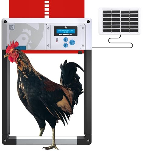 Automatic Chicken Coop Door Opener, ChickenGuard One in All 4 Colours, Timer/Light Sensing, Winter Mode, Auto-Stop & Predator Proof, 3 Power Options, Solar, Battery or Electric) (Red + Solar Kir)
