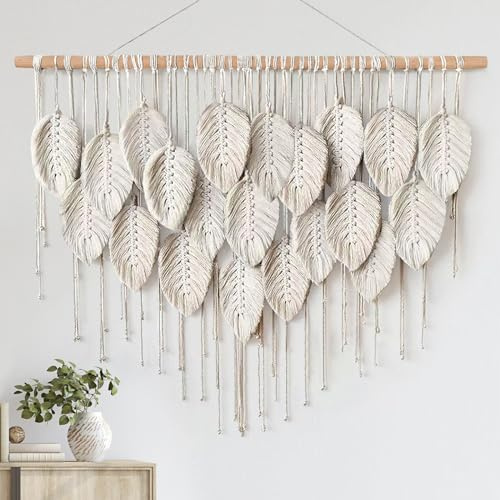 LOMOHOO Tapiz de macramé para colgar en la pared, bohemio, con hojas beige, hecho a mano, tejido, decoración de pared para dormitorio, sala de estar, apartamento, dormitorio, galería, ideas de regalo
