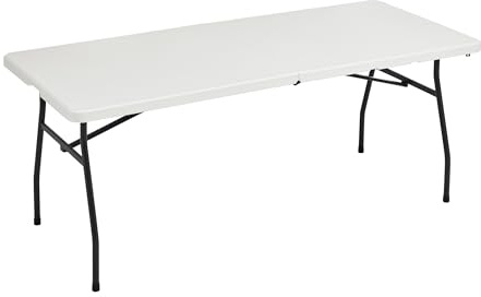 Amazon Basics Heavy Duty Portable Folding Table, 6 ft, Indoor & Outdoor, Fold-in-Half Design with Carrying Handle, White
