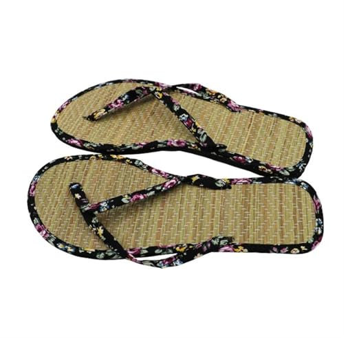 SUBLXPoten Frauen gewebtes Stroh Hausschuhe Damen Stroh Hausschuhe Blumenriemen Flache Flip Flops Sommer Freizeit Rattan Gras Weben Hause Hausschuhe(Flower,38)