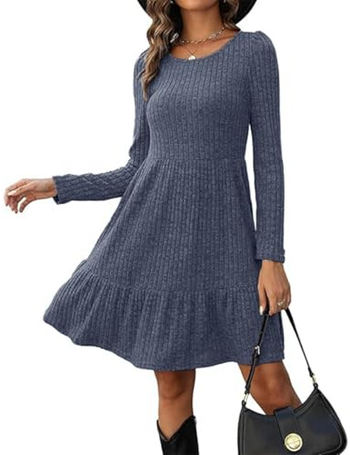 Yeenily Vestido de Punto Mujer Cuello Redondo Suéter Vestidos Manga Larga Jersey Vestido Elegante Túnica Vestidos de Otoño Invierno