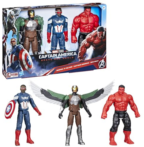 Marvel Vengadores Capitán América - Brave New World, Titan Hero Series Set de figuras de acción con Capitán América, Halcón y Hulk Rojo, 30 cm, figuras de superhéroes más de 5 años