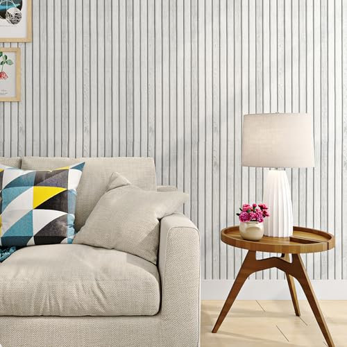 Livelynine Papel Pintado Autoadhesivo Pared Efecto Paneles de Madera Blanco 60CMx5M Papel Pared Autoadhesivo Dormitorio Salon Lavable Vinilo Adhesivo Muebles Cocina Papeles Tapiz Madera Listones Claro
