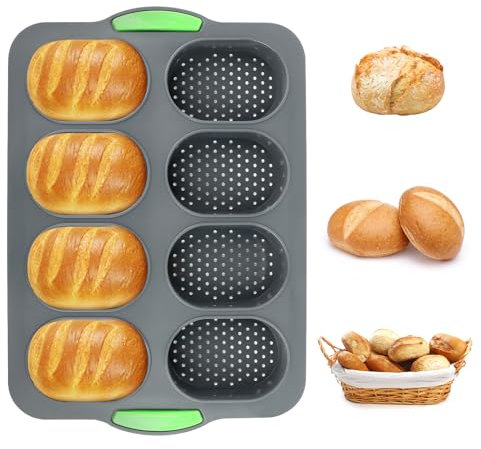 QOUBNIC Mini Baguette Backblech, Brötchen Backform Brot-Silikon-Backform, 8 Brötche Backforms Brötchen aus Silikon zum Backen von Baguetteblechen