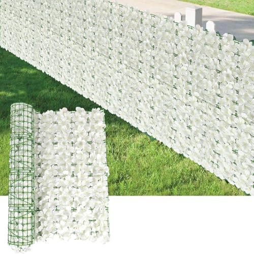 Valla de privacidad floral artificial, 100 x 50 cm, hiedra sintética, cubierta de valla de privacidad con flores, telón de fondo de pared para jardín, patio, balcón (blanco)