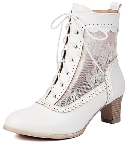 Uniquelly Women Vintage Victorian Boots 70s Lace up Ankle Boots Kitten Heel Lace Floral Print Side Zipper Round Toe Witch Granny Booties Dance Victorian Shoes (White,US10)