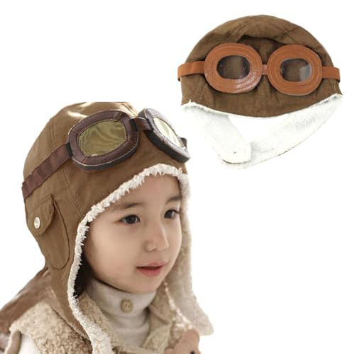 Raypontia 2 gorras de piloto de dibujos animados, gorro de aviador para niños, gorro de aviador con gafas, gorro de piloto con orejeras y gafas para niños,, marrón