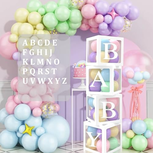 Baby Shower Decoration Balloon Boxes, 4PCS Balloon Box with 30 Letters (BABY+A-Z) DIY White Transparent Boxes, for Boy Girl Baby Shower Birthday Party Decoration Gender Reveal Prom