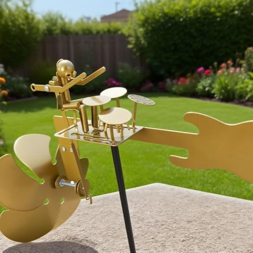 Molino de viento de metal hecho a mano con engranajes móviles detallados y baquetas, acabado resistente a la corrosión para decoración de jardín y patio al aire libre para amantes de la música