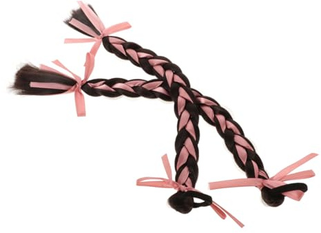 Hemobllo 2 pièces Perruque Tressée avec Nœud Décoratif Extension Queue de Cheval Bouclée pour Femmes Effet Naturel et Look Unique Couleur Marron Foncé avec Ruban Rose