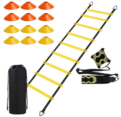 GOMETY Accessori per allenamento calcio, scala di coordinazione 6 m, 12 cappelli, calcio e corda per saltare, set da allenamento con borsa per il trasporto, regalo per bambini e adulti