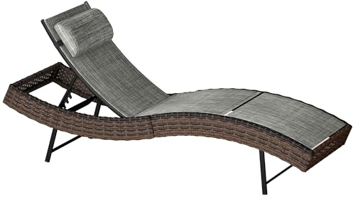 Outsunny Lettino Prendisole da Giardino in Rattan Forma S con Poggiatesta, Lettino da Giardino Reclinabile a 5 Posizioni, per Patio Spiaggia Piscina Giardino, 60x198x44cm, Marrone