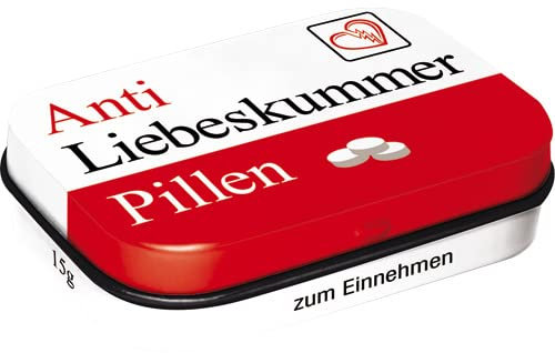 Nostalgic-Art Retro Pillendose, Anti Liebeskummer Pillen – Nostalgie Geschenk-Idee, Blech-Dose mit Pfefferminz-Dragees, Vintage-Design, 4 x 6 x 1,6 cm