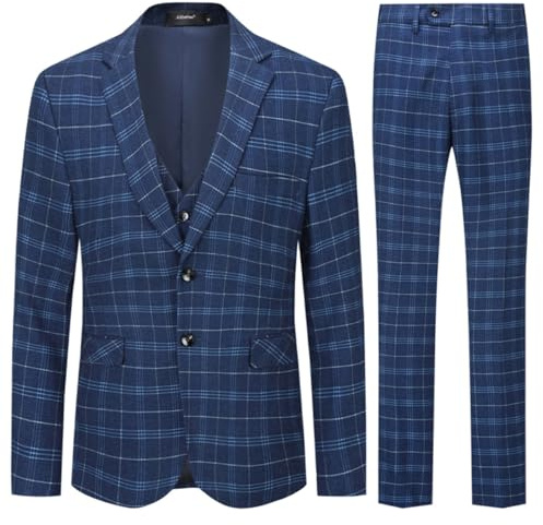 Allthemen Costume Homme 3 Pièces Tuxedo Slim Fit à Carreaux Deux Boutons d'affaire Mariage Veste+Gilet+Pantalon Bleu XXL