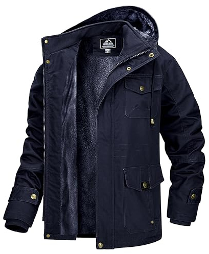 MAGCOMSEN Jacke Herren Winterparka Warm Gefüttert Fleecejacke Winddichte Stehkragen Arbeitsjacke Winterjacke mit Abnehmbarer Kapuze Dunkelblau XL