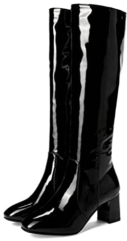 ORANDESIGNE Femmes Bottes Hautes en Cuir Verni à Bout Rond Fête Cuissarde Sexy Bottes Mode Talons Bloc Zipper Chunky Plateforme Warm Cuir Verni Prom Boots Mi-Bas Bottes A Noir 41 EU
