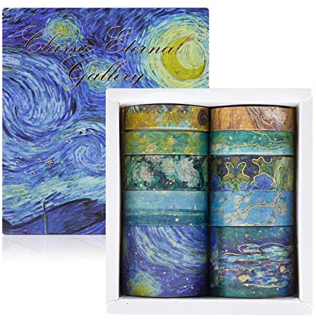 SHANFAA Van Gogh Washi Tape Set, 10 Rolls Vintage Gold Folie Aquarell Washi Dekorative Tape, Ästhetisches Maskierungsband für Journal, Scrapbook, DIY Handwerk