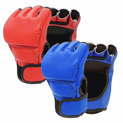 2 Pairs Boxing Gloves Kickboxing Gloves for Men Women Beginner Professional Shockproof Leather Sparring Training Gloves Set MMA Gloves (Blue and Red)