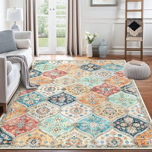 ROYHOME 9x12 Area Rug Large Moroccan Trellis Machine Washable Rug Vintage Medallion Distressed Indoor Accent Rug Stain Resistant Non-Slip Floor Cover Carpet for Living Room Bedroom, Cream