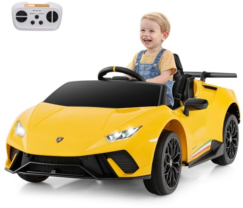 COSTWAY Elektrisk bil Lamborghini, 12 V elektrisk barnbil med fjärrkontroll och LED-lampor och tuta och musik och USB, 3-växlad elfordon 3–5 km/h, elbil för barn från 3 år (gul)