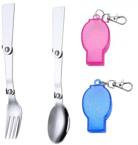 2 Pcs Foldable Stainless Steel Spoons Forks with 2 Case Replacement Spoon & Fork for Thermos Multi Functional Foldable Fruit Forks Camping Cutlery Spoon and Fork for Outdoor Camping and Hiking