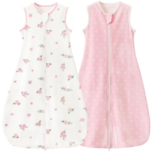 Nivolltha Super Weich 2er 0.5 TOG Baby Schlafsack, 100% Baumwolle Premium Qualität Sommerschlafsack Baby 6-18 Monate, Blume und Rosa, Größe M