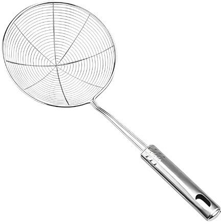 STL 7.4 inch (19cm) Stainless Steel Strainer Wire Skimmer Ladle with Ergonomic Handle Sieves Spider Mesh Filter Solid Utensils Slotted Spoon for Kitchen Frying Chips Food, Pasta, Noodles, Spaghetti