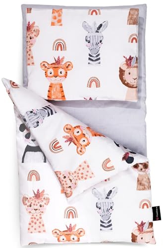 PinkZebra 3-teilig Puppenbettwäsche für Puppen bis 48 cm, Decke + Kissen + Matratze, Puppenbettzeug mit Matratze, Bettwäsche aus Baumwolle für Puppenbett, Tierportraits