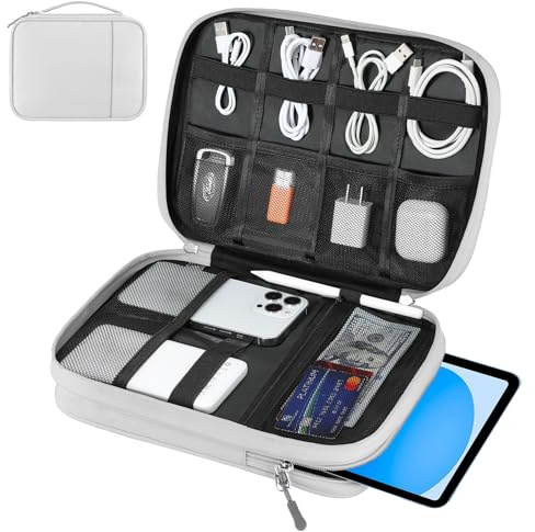 Dadanism Organizer Cavi Borsa da Viaggio Organizzatore Cavi, Organizzatore di Accessori da Viaggio a Doppio Strato per Tablet, Phone, Caricatore, Chiavetta USB, Power Bank, Grigio + Bianco