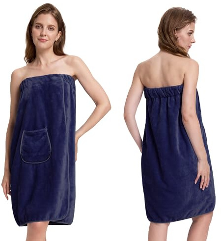 PJGGZ Towel Wrap for Women, Three Adjust Clasps Closure Bath Wraps After Shower Spa Sauna Bathrobe(Available in Plus Size)(Navy, S/M