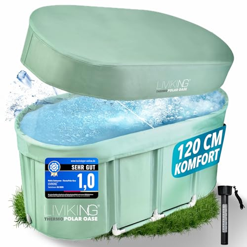 LIVIKING® Eisbad + Faltbare Badewanne Erwachsene [120 cm - 2in1 KOMFORT KOMPLETTSET] Eisbaden Tonne, Mobile Badewanne Outdoor & Eistonne – Jetzt Eintauchen! (Klassisch, Eukalyptus Grün)