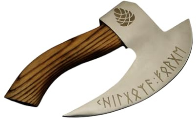 Hache Viking Décorative en Métal avec Manche en Bois, Motif Dragon Nordique Gravé, Style Médiéval (Silver)