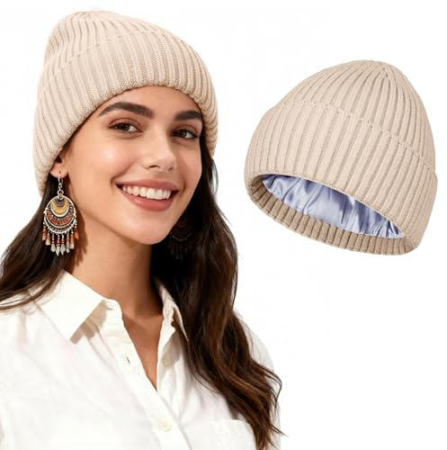 TSKNOMO Bonnet Chic doublé de Satin – Bonnet d’Hiver Chaud en Tricot pour Femme & Homme, Style Tendance Unisexe