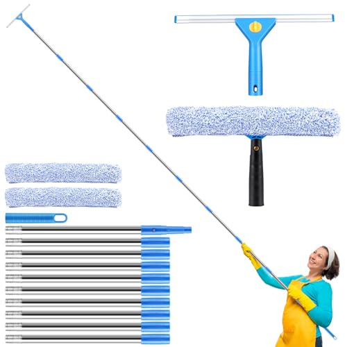 Kit Pulitore per Vetri Telescopico 3,82m, Set per Pulizia Finestre​ Professionale con Asta Allungabile e Lama in Gomma (35cm) per Vetri, Specchi, Auto - Pulizia Senza Strisce Interna/Esterna
