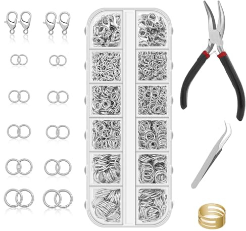 Lot de 1200 anneaux ouverts argentés (4/5/6/7/8/10 mm) avec pince et ouvre-boîte. Outil complet pour la fabrication de bijoux, colliers, bracelets et projets de réparation