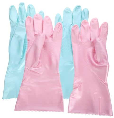 TOVINANNA Waterproof Rubber Cleaning Gloves 2 Pairs, Thickened Household Dishwashing Mittens, Reusable Kitchen Gloves for Washing Dishes and Laundry, Medium Size Blue Pink