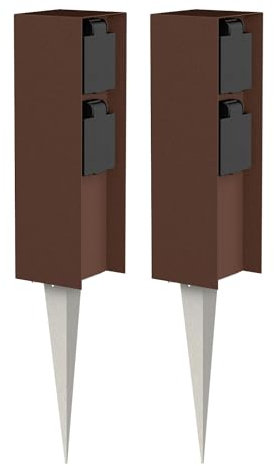 ledscom.de 2 pzas. Toma de jardín Pilar POMI con Pica de Tierra para Exteriores, IP44, 2 vías, marrón, Cuadrada, 23cm