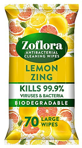 Zoflora Antibacterial Multi-Surface Cleaning Wipes Lemon Zing 70 Large Wipes, White