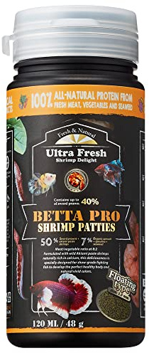 Ultra Fresh Betta Fish Food, Betta Pro Shrimp Patties, 50% Sword Prawns + Akiami Paste Shrimps, All Natural Protein, Rich in Calcium, for Betta's Healthy Development and Cleaner Water, 1.87 oz