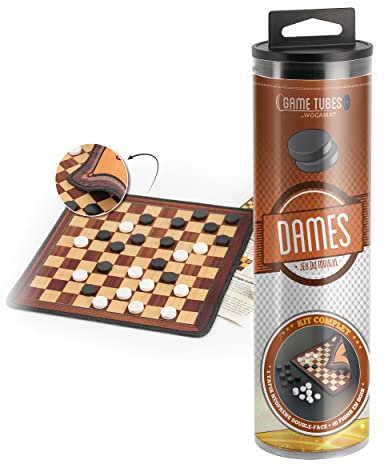 WOGAMAT Game Tubes Damen – Komplettes Set für Damespiel – doppelseitig aus Neopren, Schachbrettmuster auf der Vorderseite, Mühle auf der Rückseite + 40 Spielsteine aus Holz + Regelheft