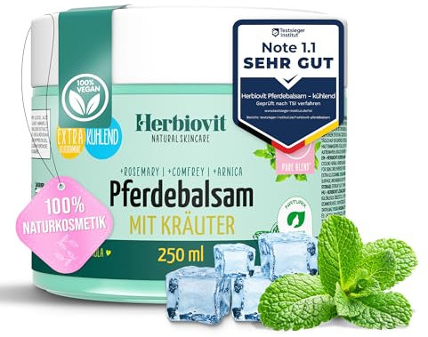 Herbiovit Baume pour chevaux refraîchissante aux herbes & à la glucosamine 250m - pour les douleurs et les gonflements - gel naturel contre la douleur avec menthol consoude arnica huile de menthe roma