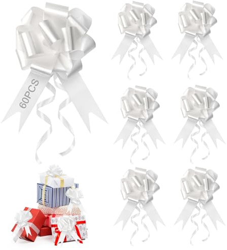 RISVOWO 60PCS Lazos Regalo Blanco, Lazos Adorno Coche Boda, Decoracion Boda, Grande Moños Regalo para Decoración Boda Mesa Coche Fiesta ComunióN DIY