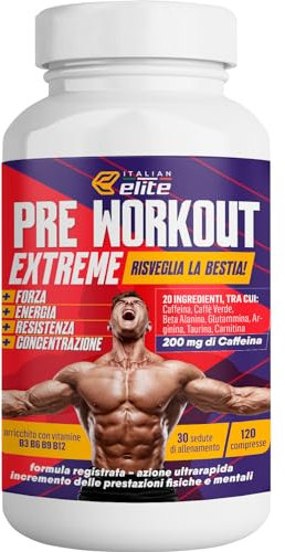Italian Elite® Pre Workout Extreme, stimola Forza, Energia, Resistenza, Pump Muscolare e Focus Mentale per l'allenamento. 120 cpr con Beta Alanina Arginina Caffeina Glutammina Carnitina Vitamine